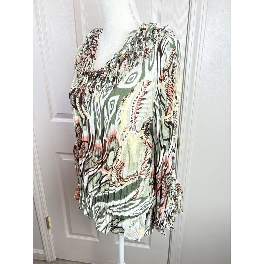 Dressbarn Blouse Womens Large Green Abstract Fringe Boho Top - Picture 3 of 8